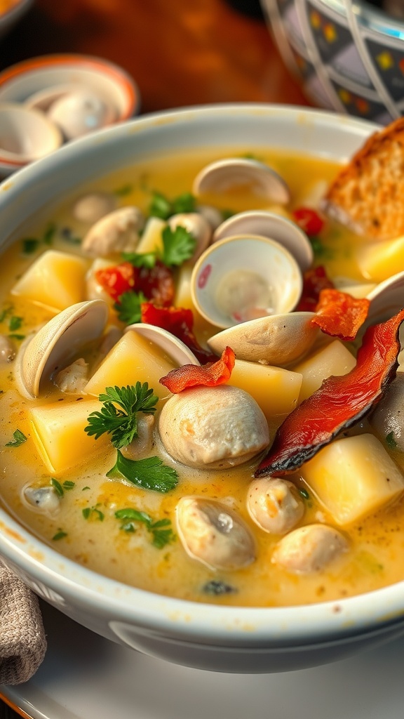 A comforting bowl of clam chowder with clams, potatoes, and bacon, garnished with parsley, alongside rustic bread.